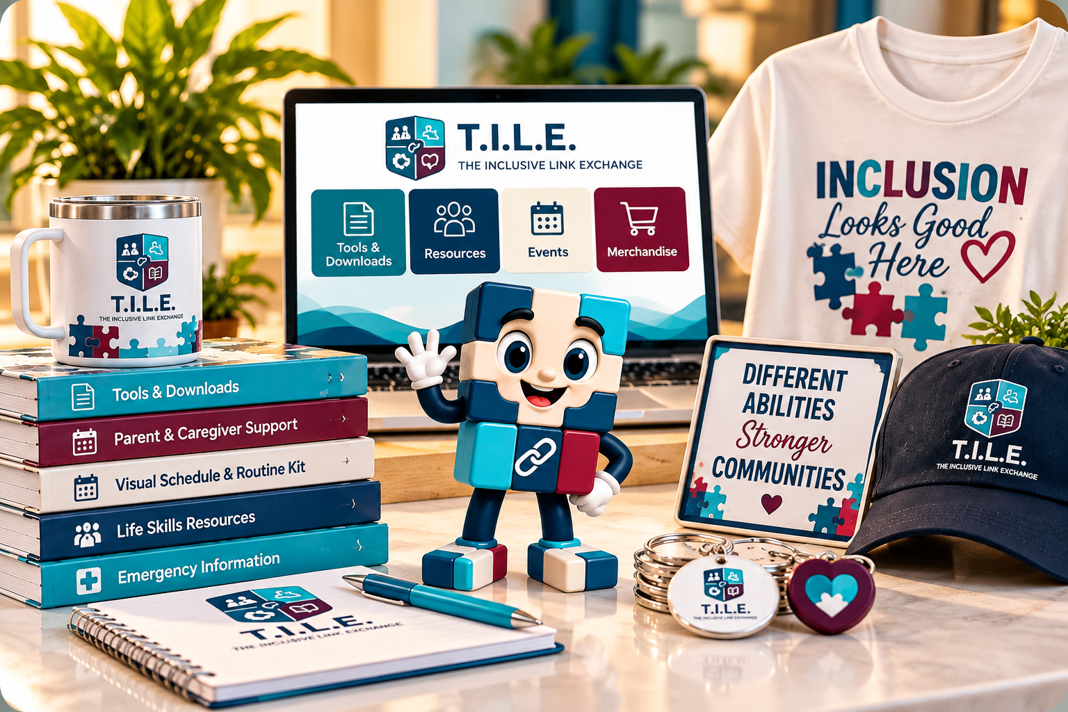 TILE Shop promotional image: a laptop showing the TILE website beside the puzzle-piece mascot, a TILE mug, stacked resource books, a notebook and pen, a safety sign, an Inclusion Looks Good Here t-shirt, a TILE cap, and keychains arranged together