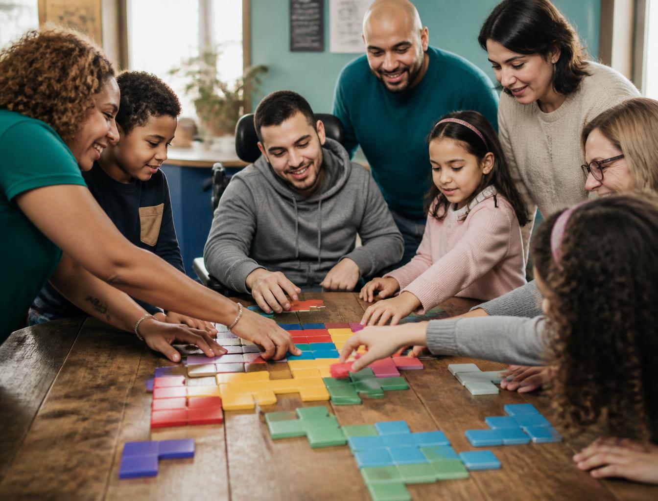 Families, caregivers, children, and professionals gathered around a table connecting colorful tile pieces together