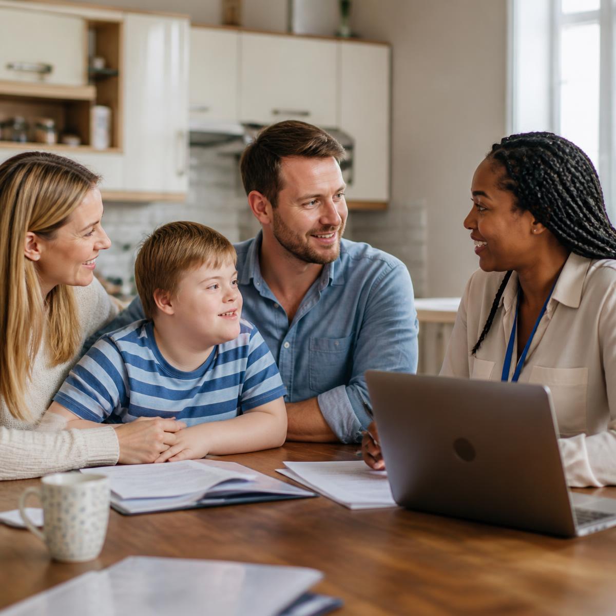 A family and support professional reviewing information together at a kitchen table