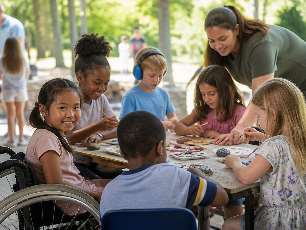 A diverse group of children, including a child using a wheelchair and a child wearing sensory headphones, participating together in a welcoming inclusive community activity